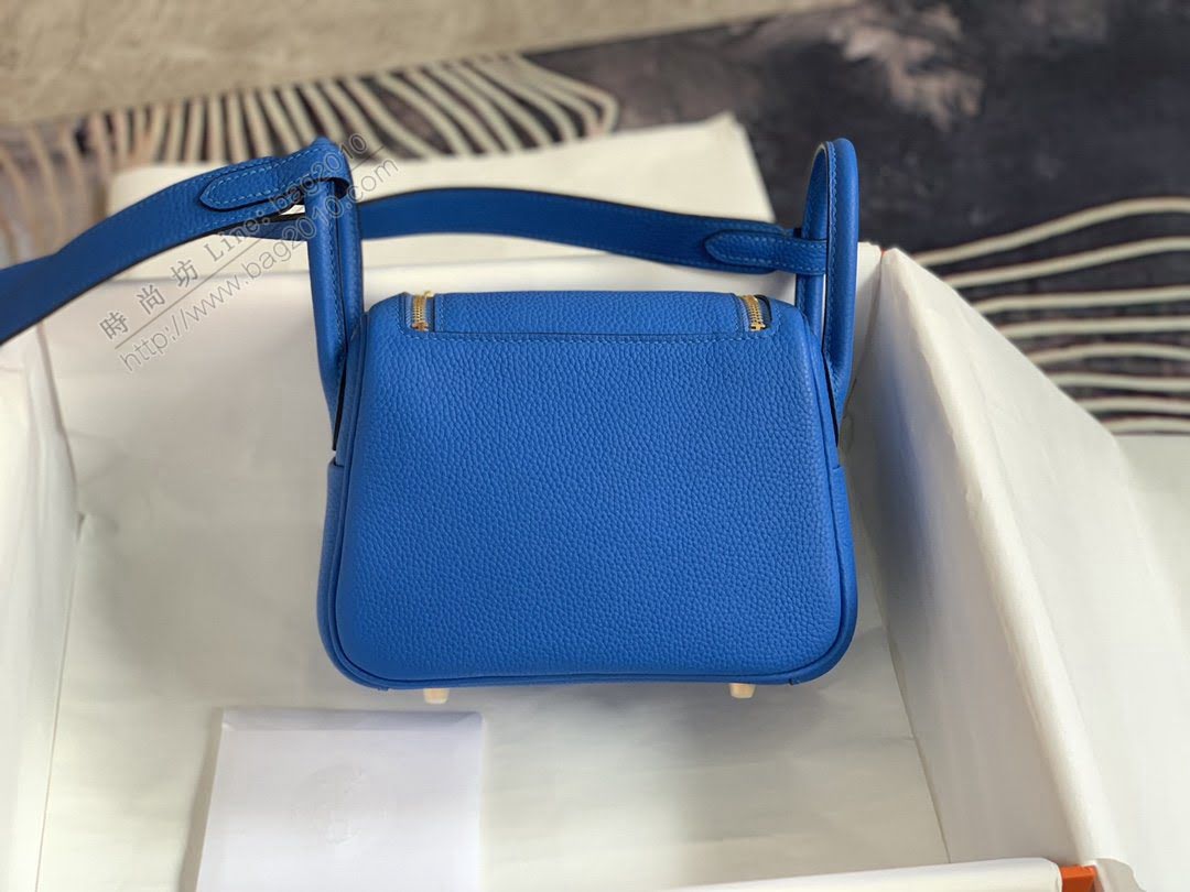 愛馬仕mini Lindy Hermesn琳迪女包 可斜背手拎 蜜蠟線縫製 水妖藍  am2110